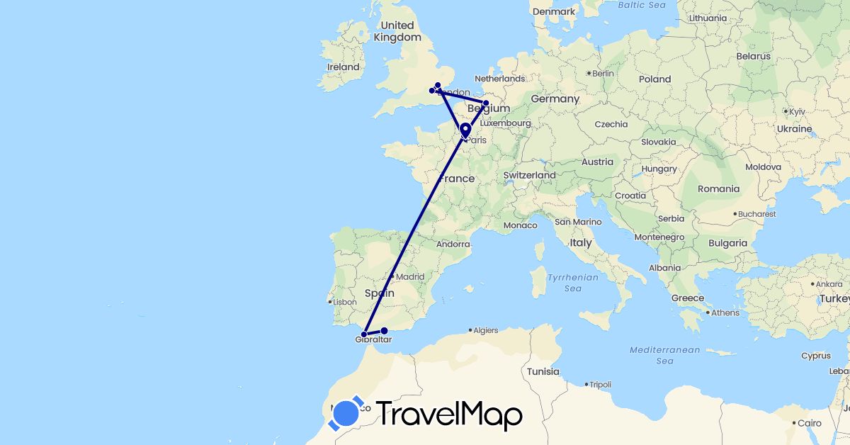 TravelMap itinerary: driving in Belgium, Spain, France, United Kingdom (Europe)
